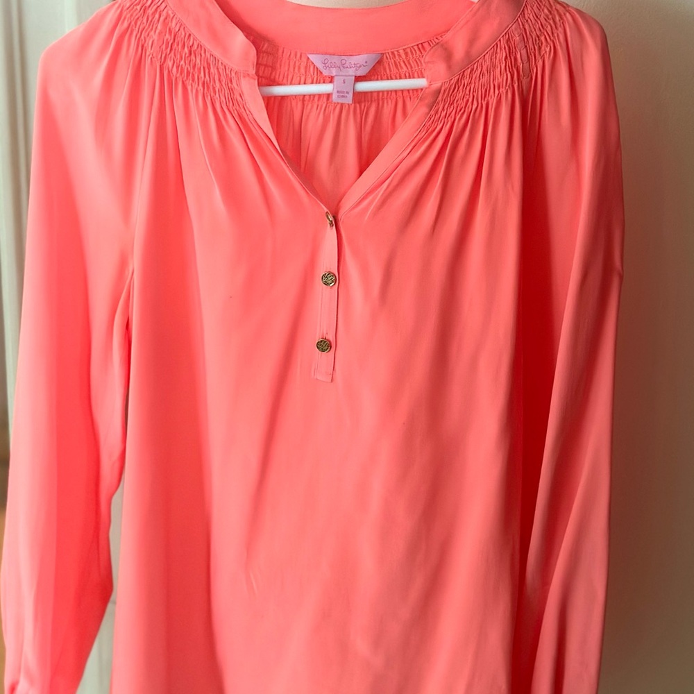 Lilly Pulitzer Pink Smocked Blouse with Mandarin Collar